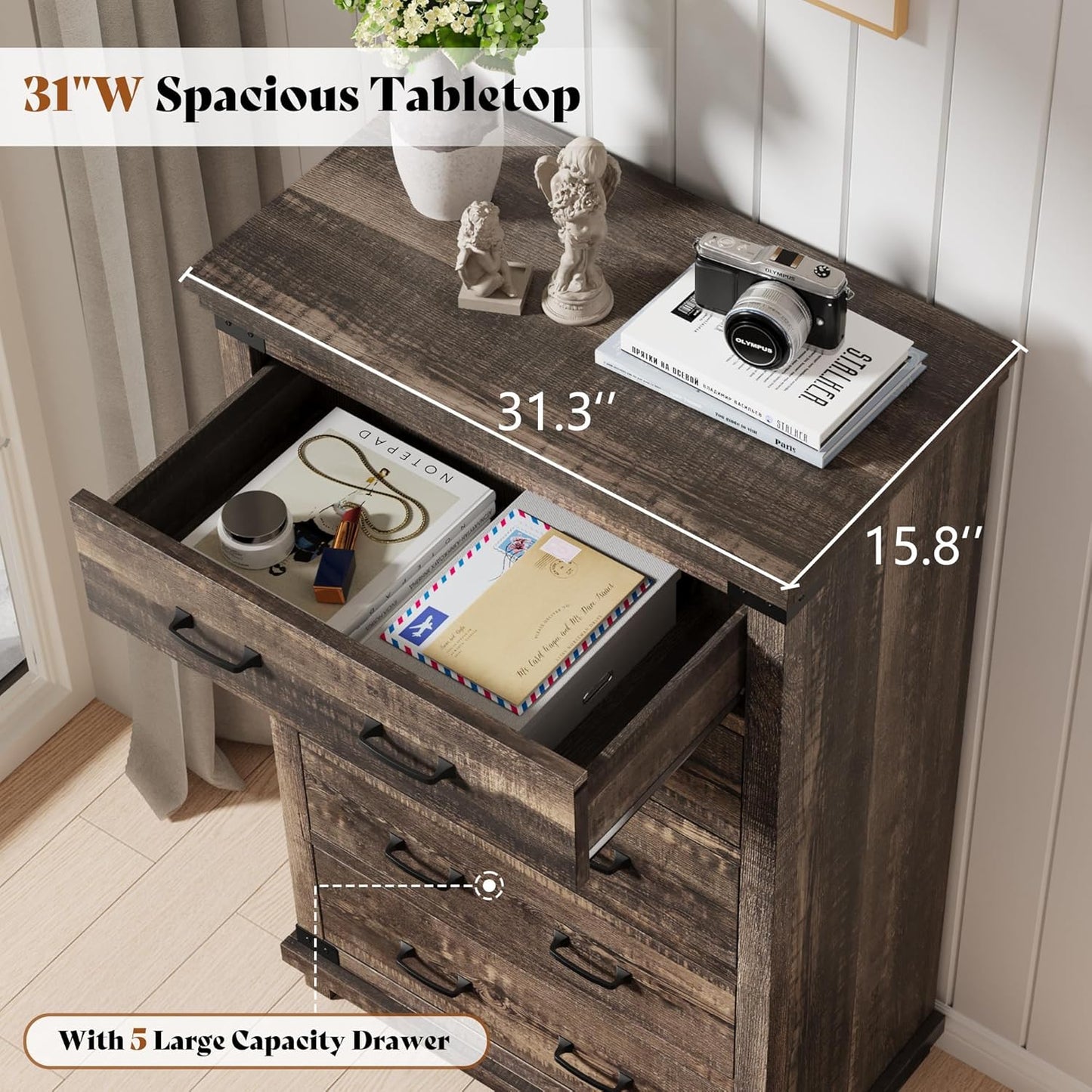 Quin 5-Drawers Dresser Black Oak