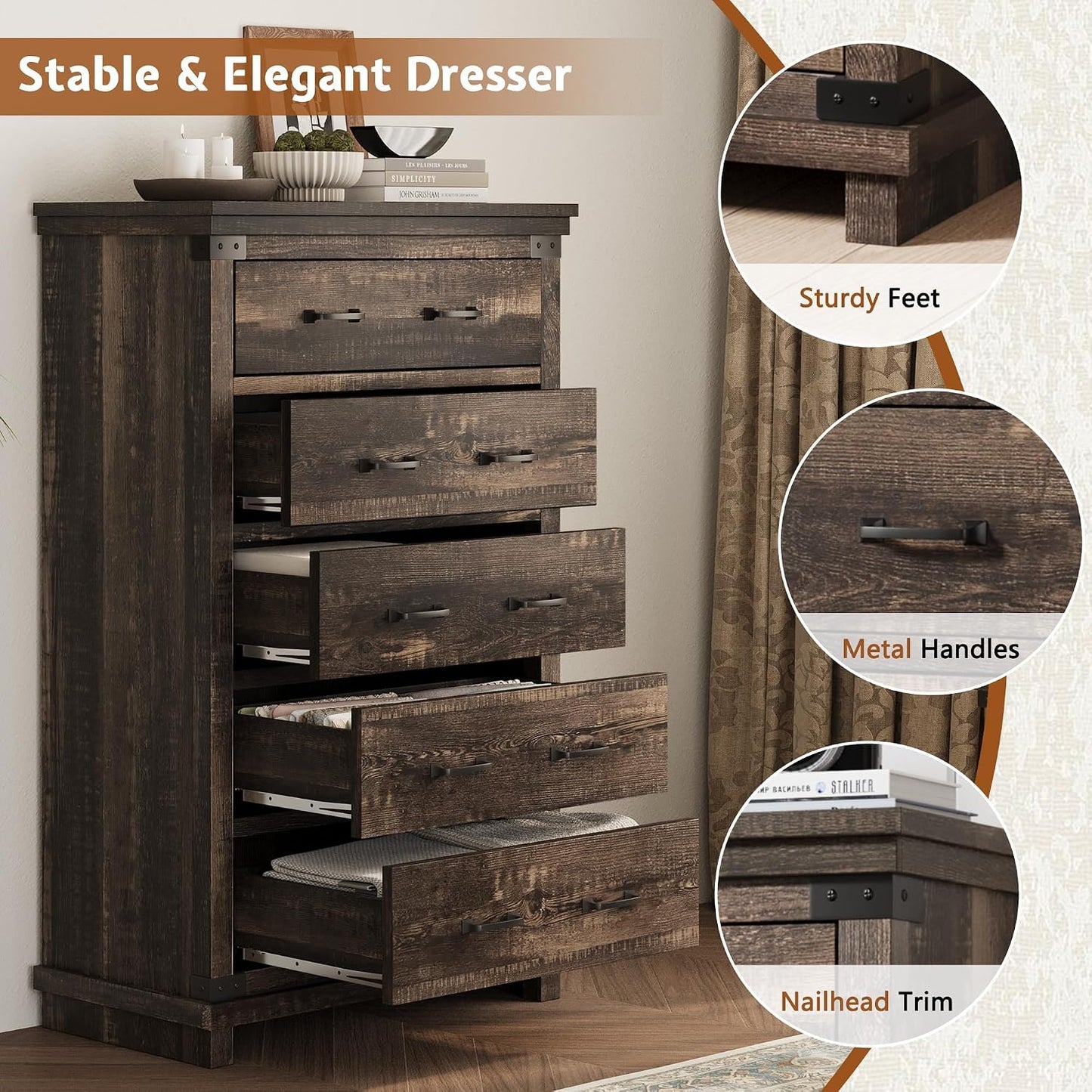 Quin 5-Drawers Dresser Black Oak