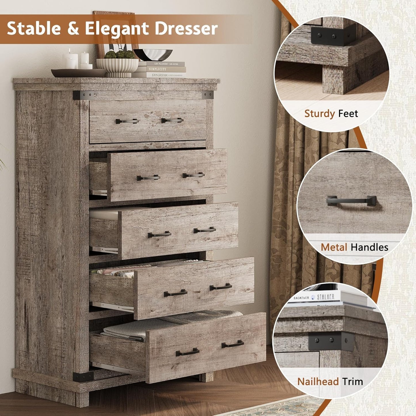Quin 5-Drawers Dresser Light Grey