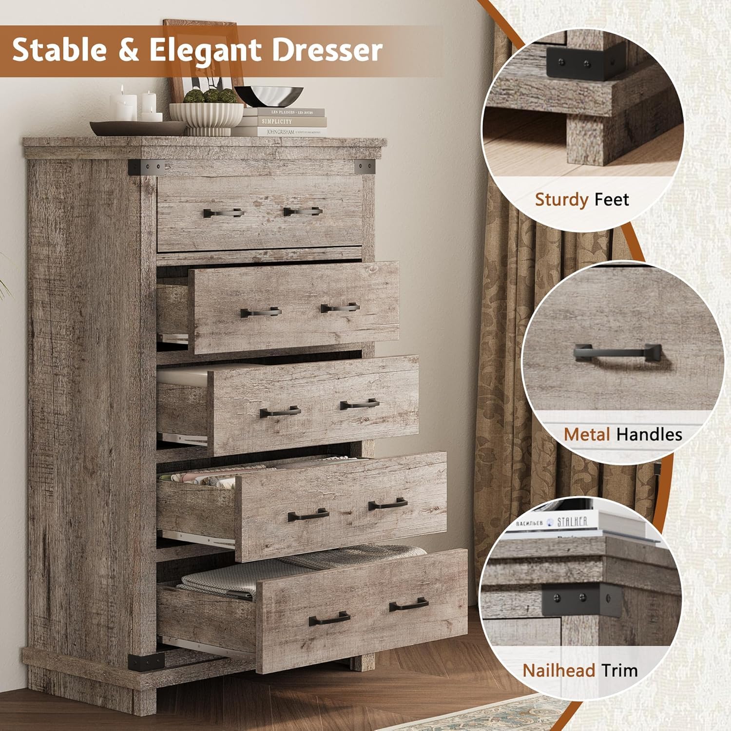 Quin 5-Drawers Dresser Light Grey