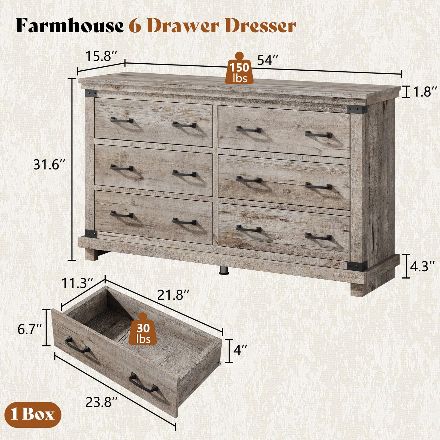 Quin 6-Drawers Dresser Light Grey