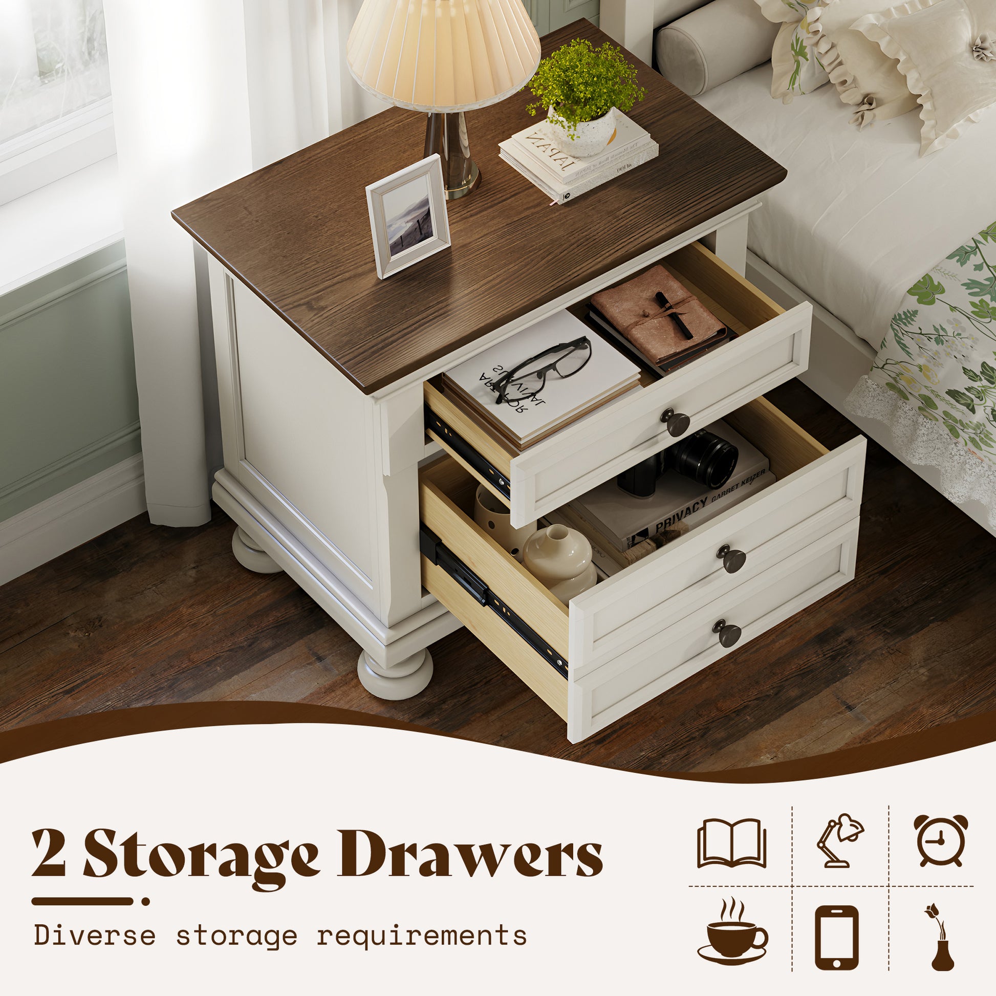Bobbin Solid Wood Nightstand Amerlife White