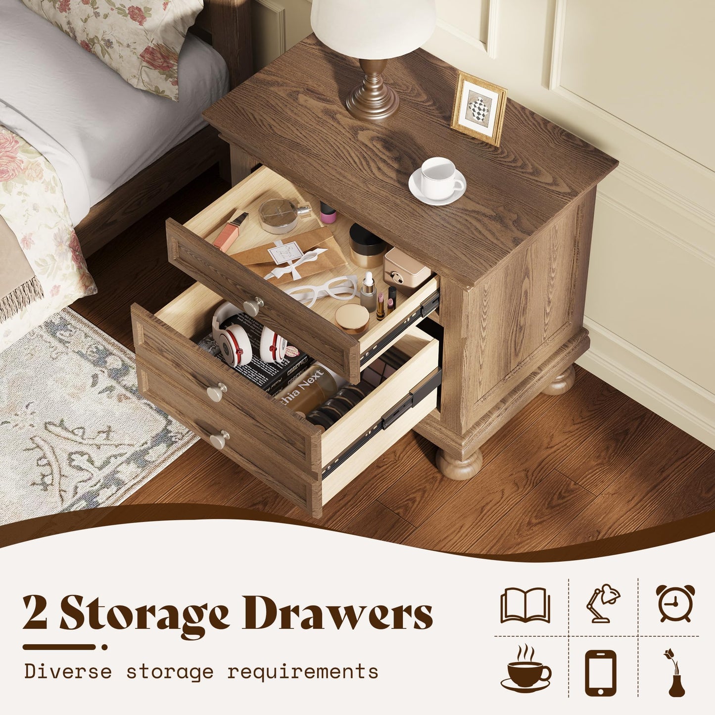 Bobbin Solid Wood Nightstand Amerlife Light Brown