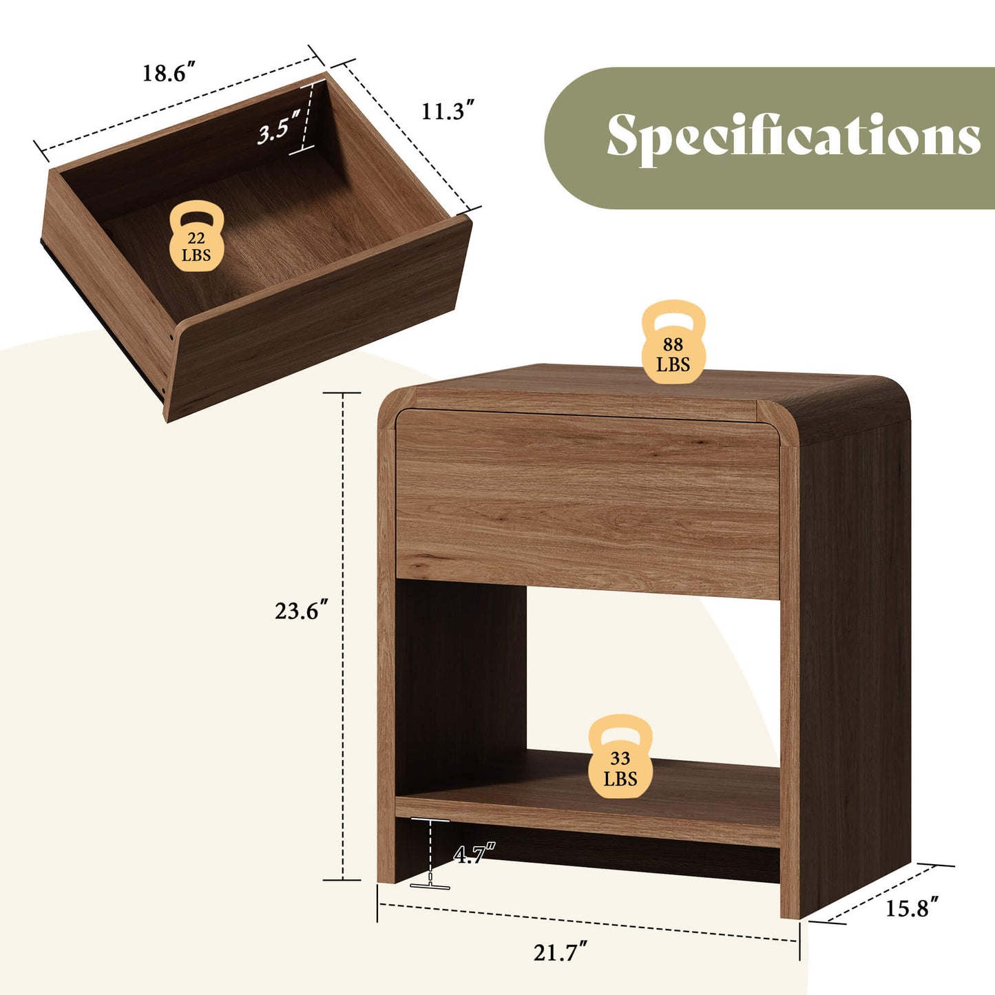 Orbia Nightstand Set with Drawer - WALNUT