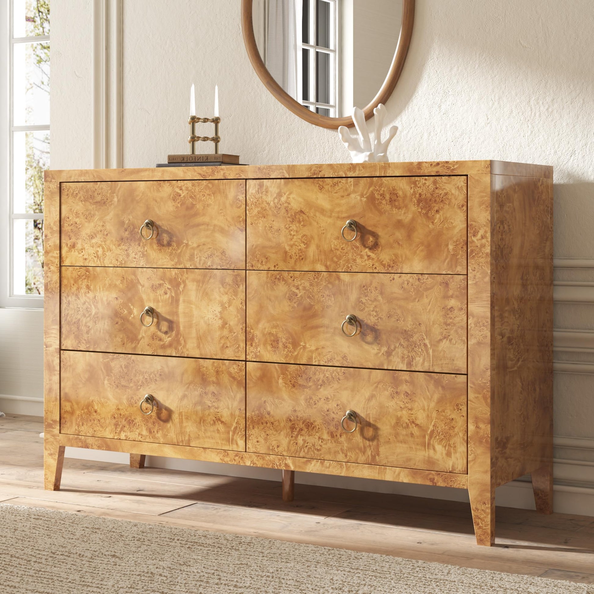 Burl Mid Century 6-Drawer Wood Dresser Amerlife