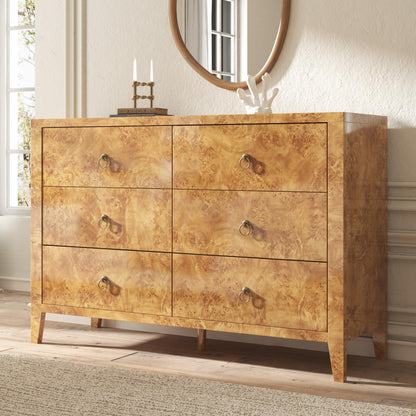 Burl Mid Century 6-Drawer Wood Dresser Amerlife