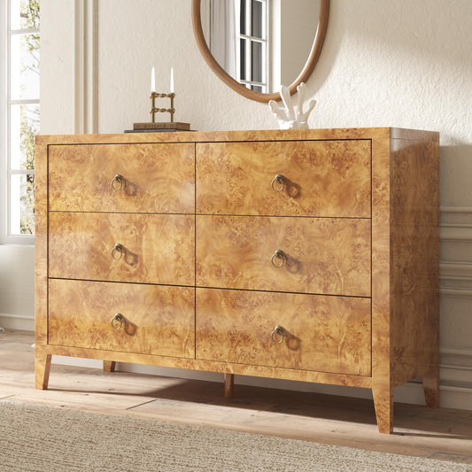 Burl Mid Century 6-Drawer Wood Dresser Amerlife