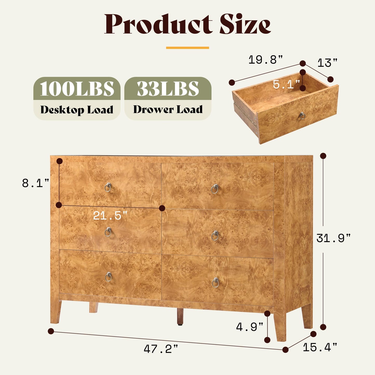 Burl Mid Century 6-Drawer Wood Dresser Amerlife