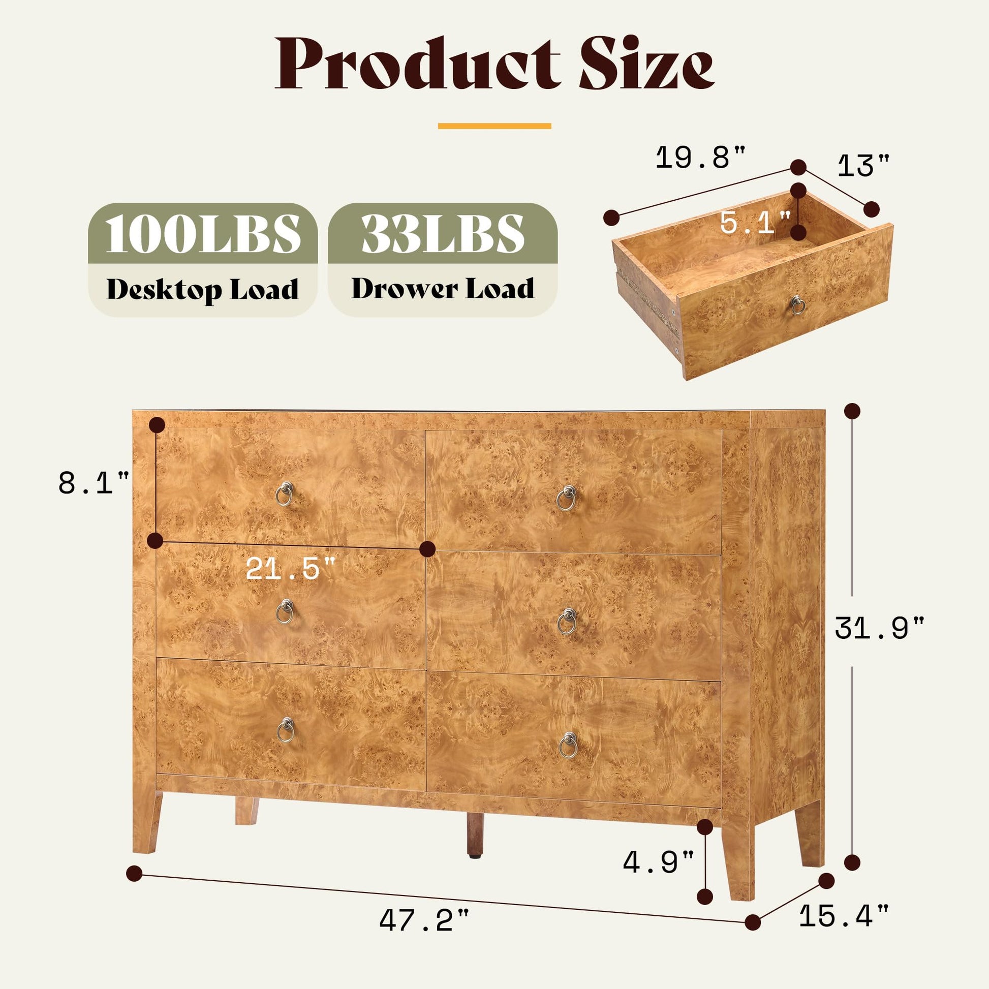 Burl Mid Century 6-Drawer Wood Dresser Amerlife