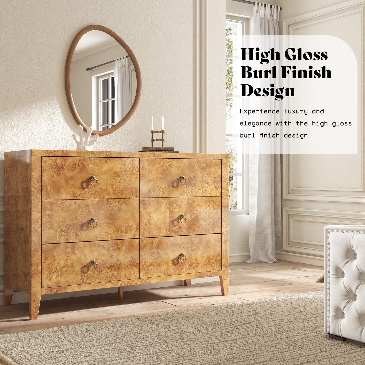 Burl Mid Century 6-Drawer Wood Dresser Amerlife