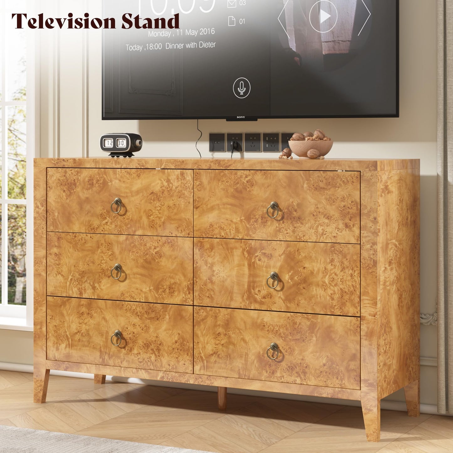 Burl Mid Century 6-Drawer Wood Dresser Amerlife