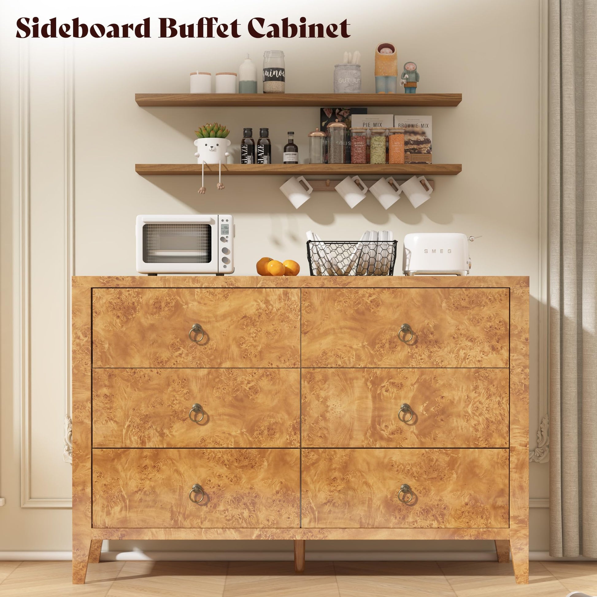 Burl Mid Century 6-Drawer Wood Dresser Amerlife