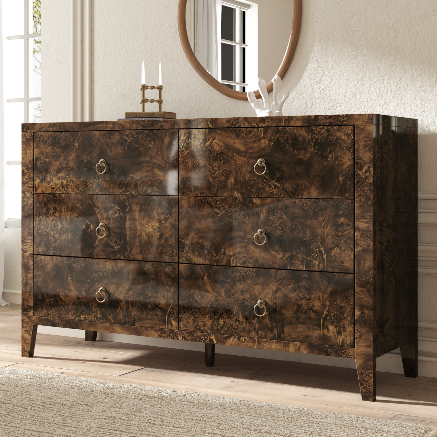 Burl Mid Century 6-Drawer Wood Dresser-BROWN