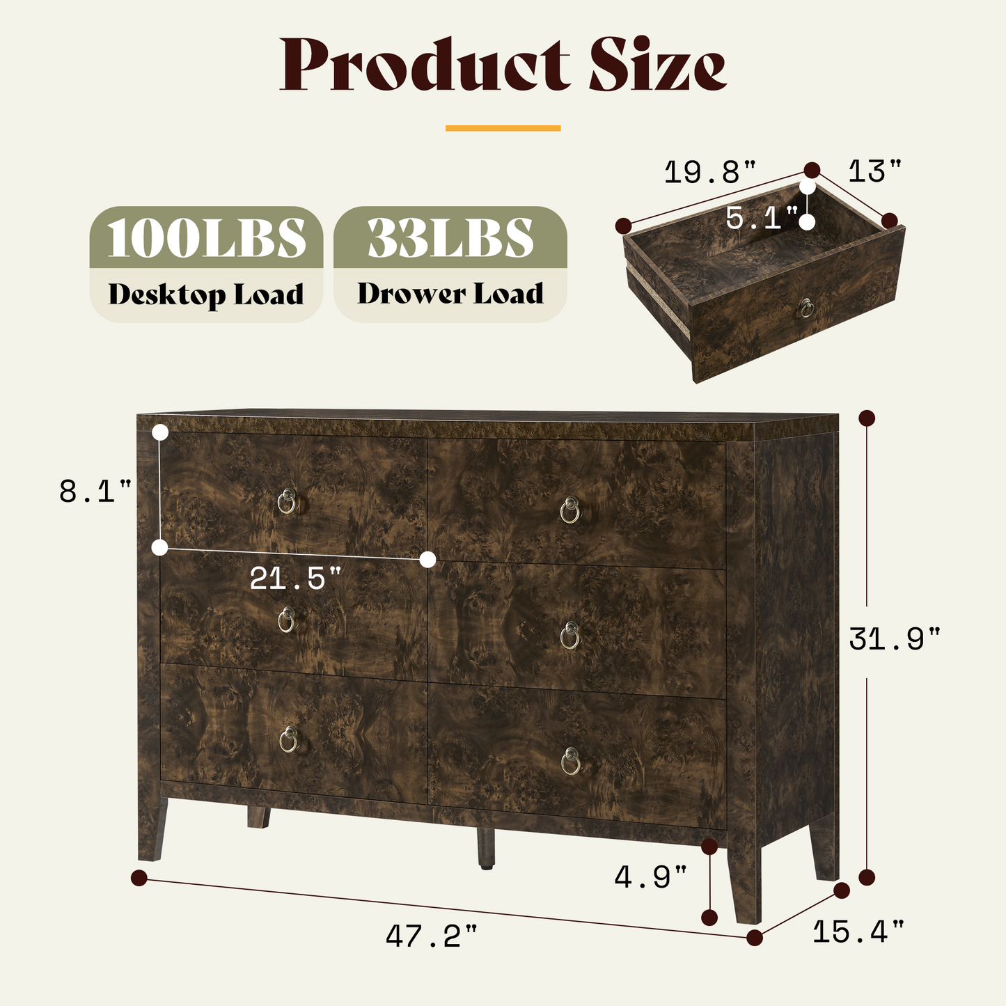 Burl Mid Century 6-Drawer Wood Dresser-BROWN