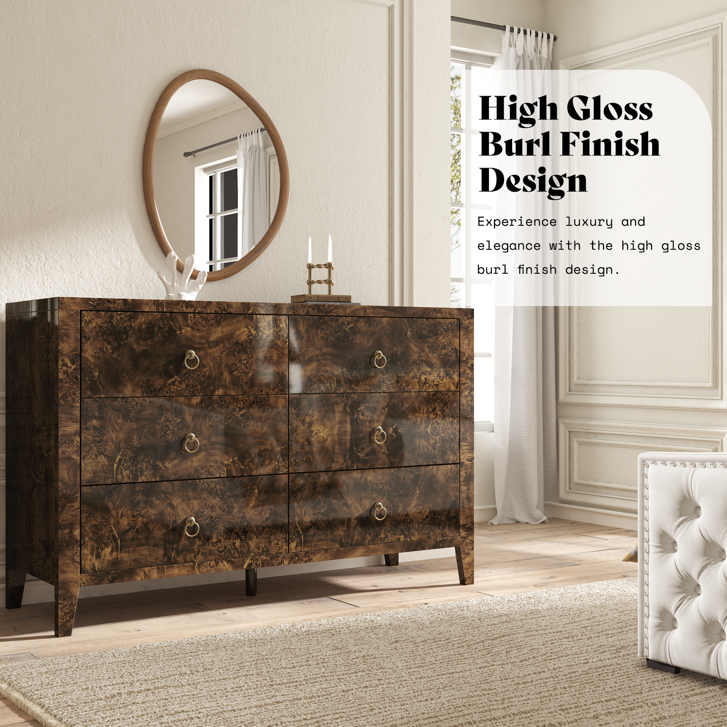 Burl Mid Century 6-Drawer Wood Dresser-BROWN