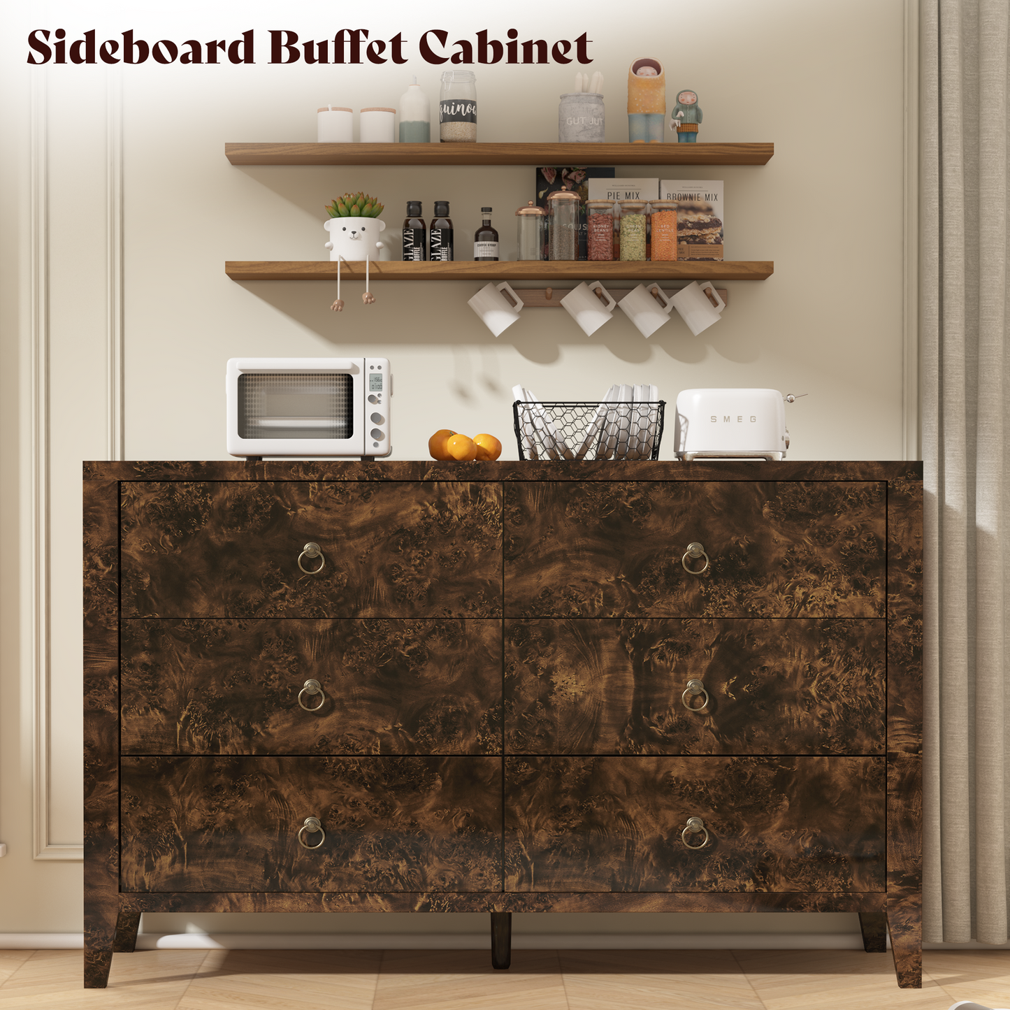 Burl Mid Century 6-Drawer Wood Dresser-BROWN