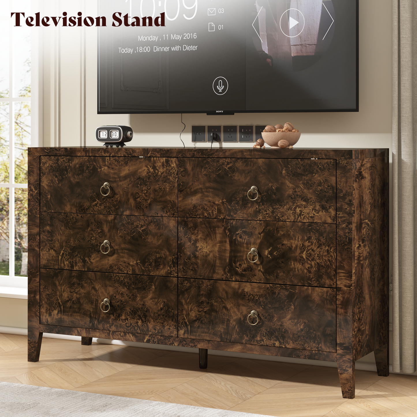 Burl Mid Century 6-Drawer Wood Dresser-BROWN