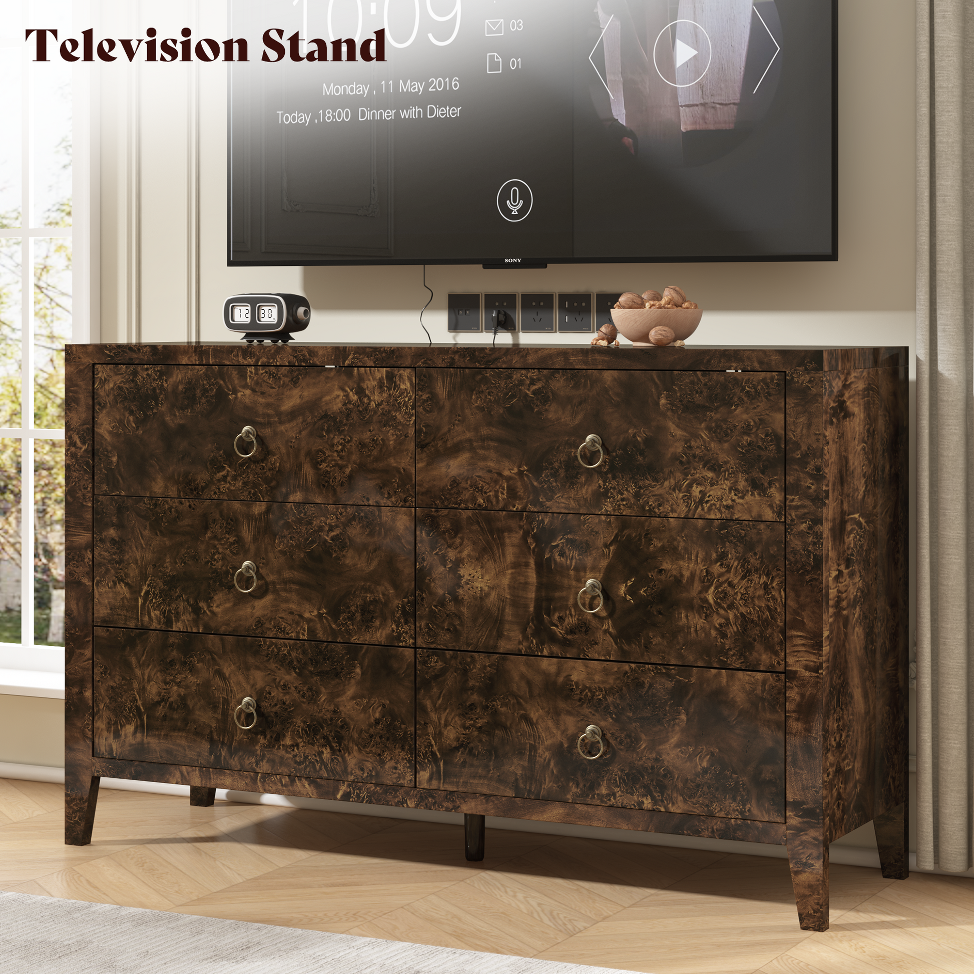 Burl Mid Century 6-Drawer Wood Dresser-BROWN