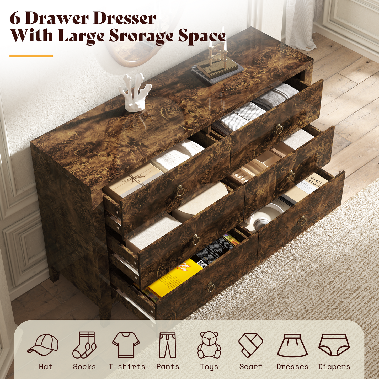 Burl Mid Century 6-Drawer Wood Dresser-BROWN