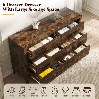 Burl Mid Century 6-Drawer Wood Dresser-BROWN