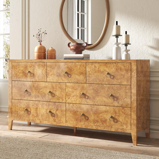 Burl Mid Century 7-Drawer Wood Dresser Amerlife