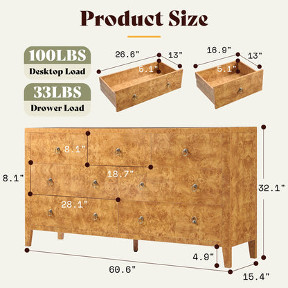 Burl Mid Century 7-Drawer Wood Dresser Amerlife