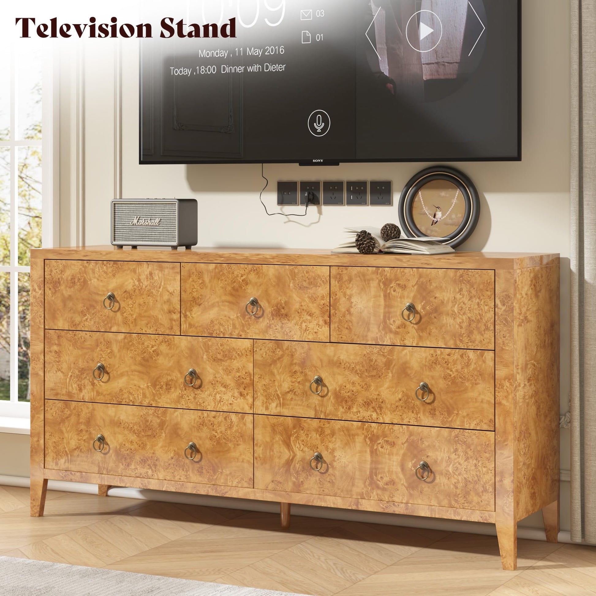 Burl Mid Century 7-Drawer Wood Dresser Amerlife