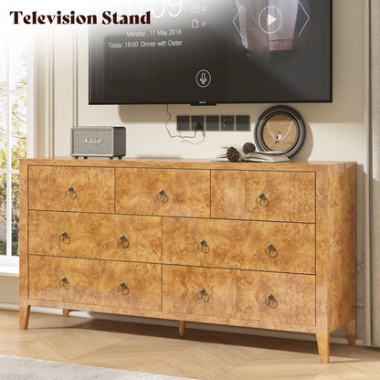 Burl Mid Century 7-Drawer Wood Dresser Amerlife