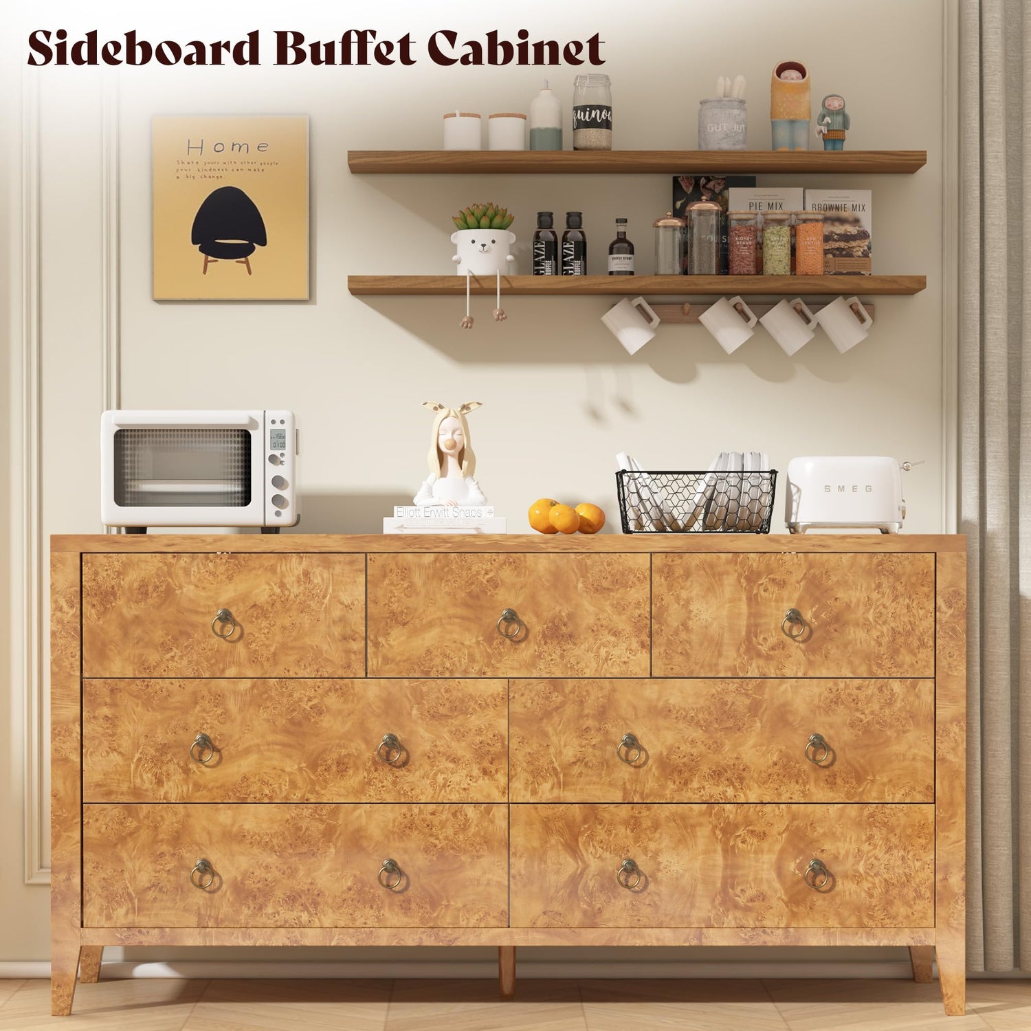 Burl Mid Century 7-Drawer Wood Dresser Amerlife