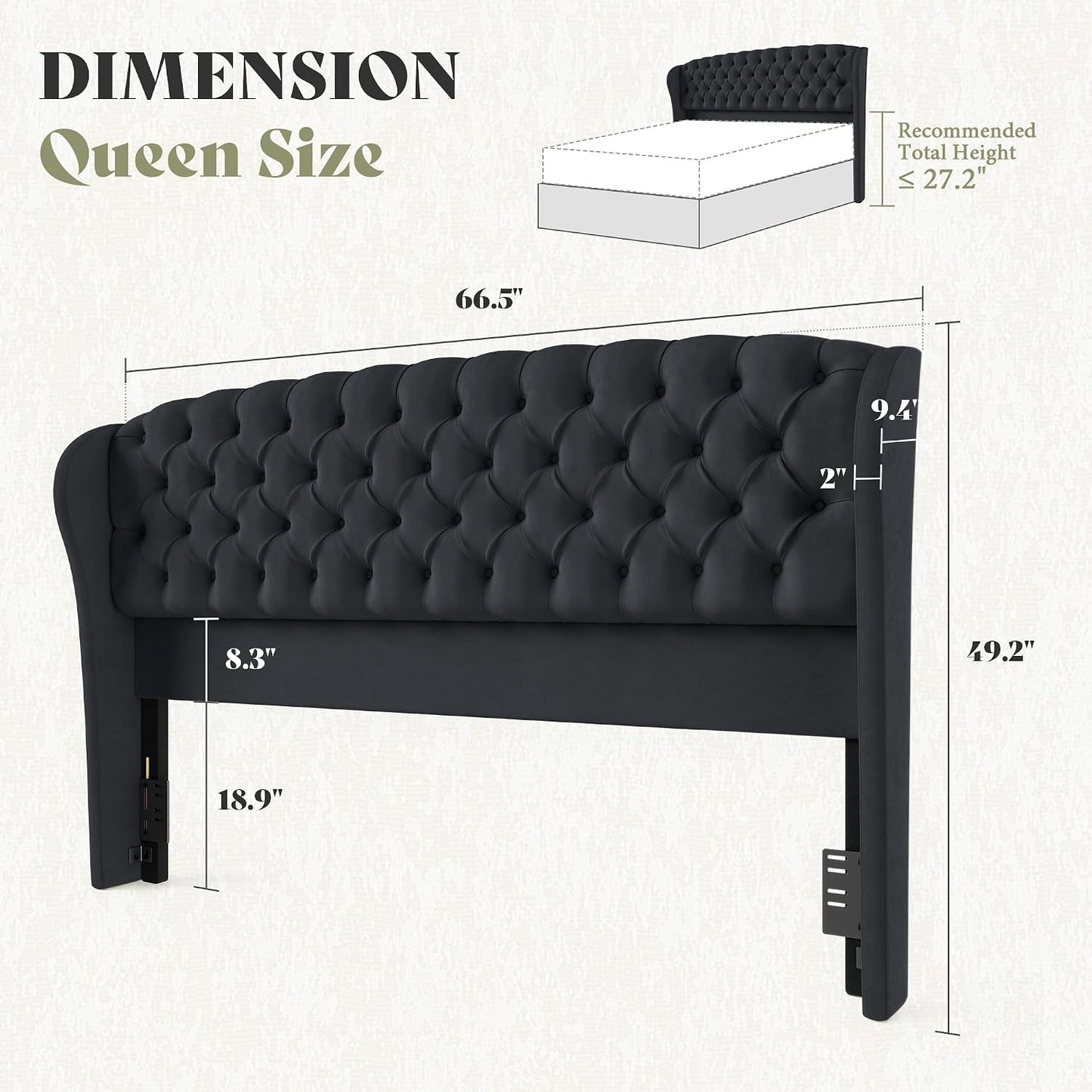 Scallop Wingback Headboard Only Amerlife Black