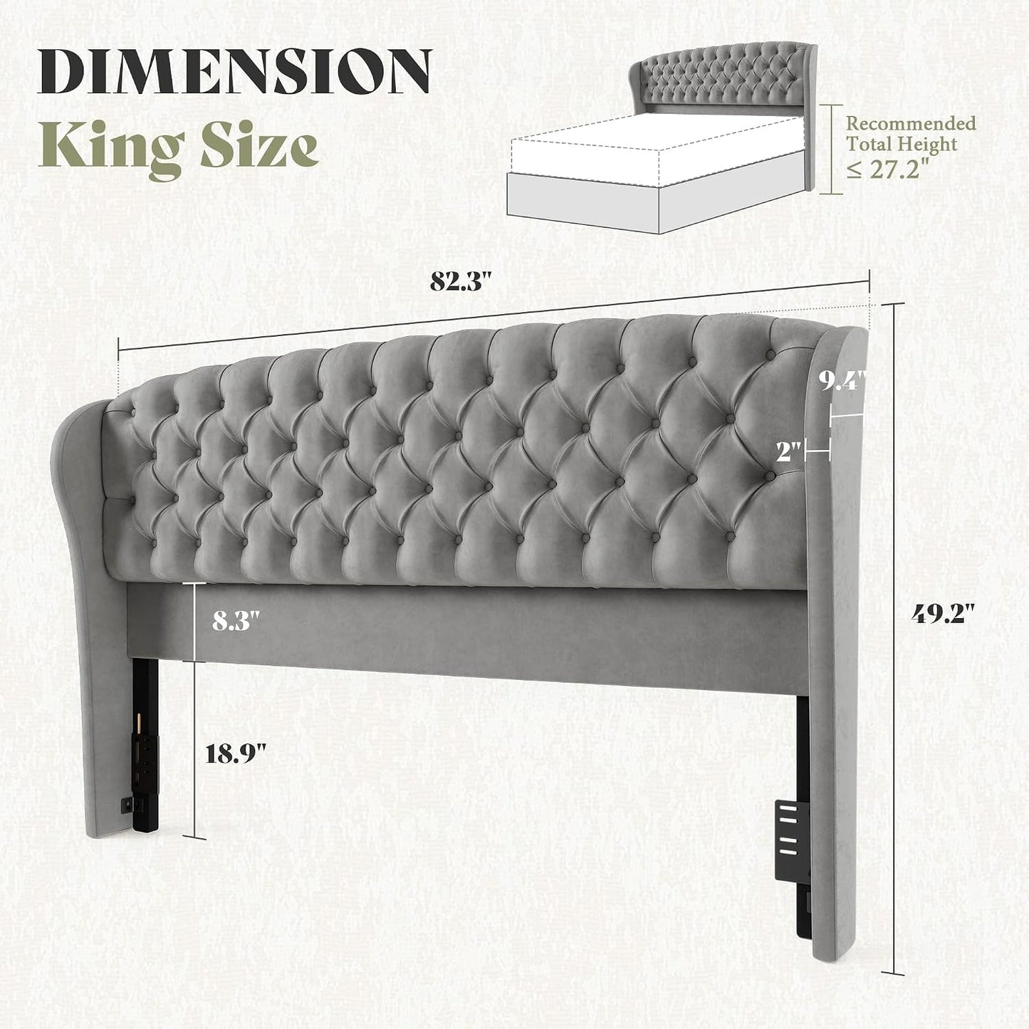 Scallop Wingback Headboard Only Amerlife Grey