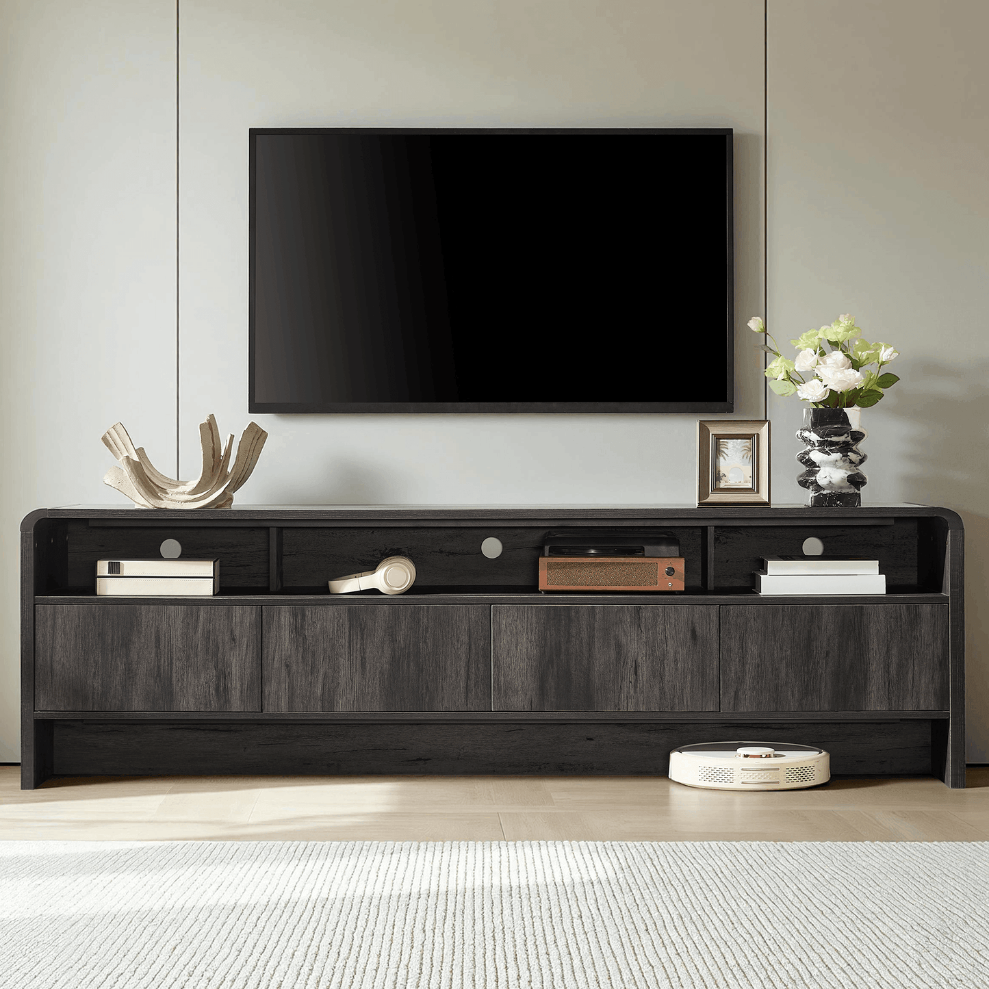 Flat Wood Curved TV Stand-BLACK