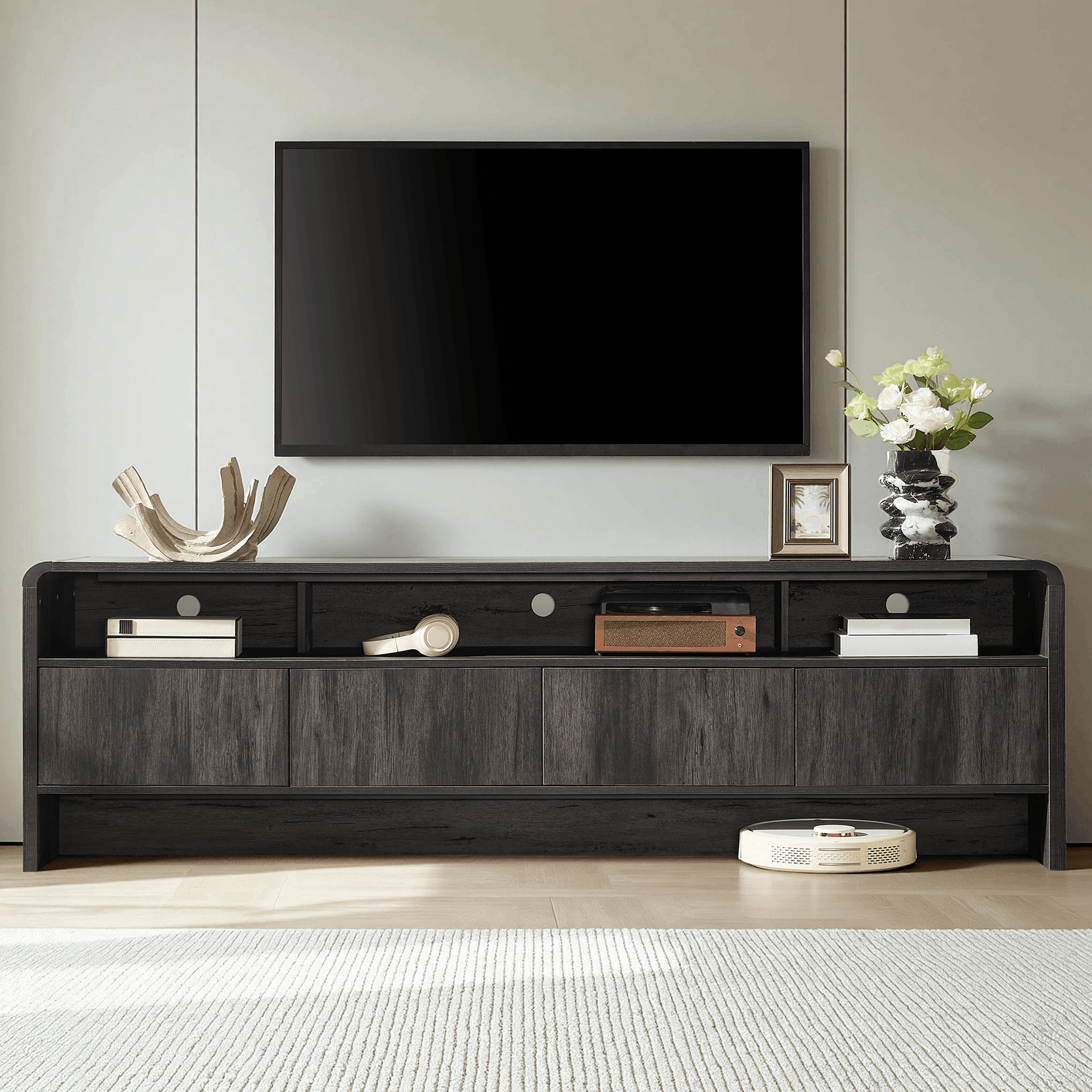 Flat Wood Curved TV Stand-BLACK