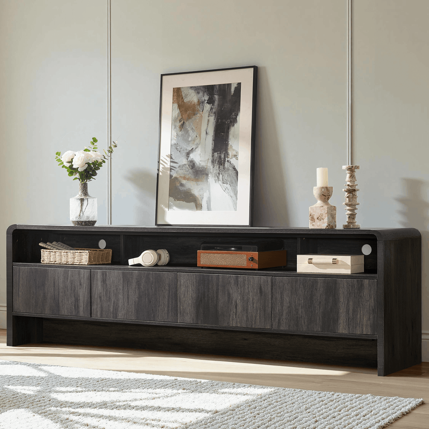 Flat Wood Curved TV Stand-BLACK
