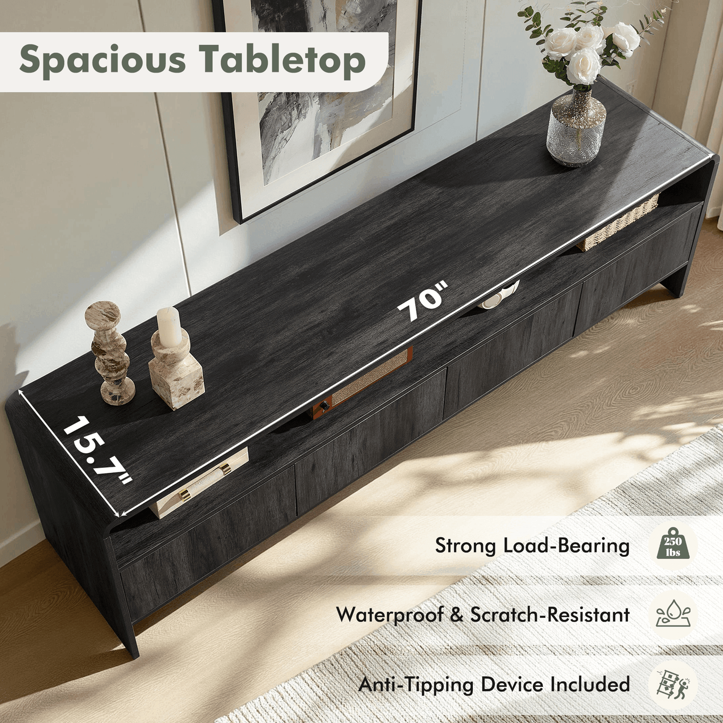 Flat Wood Curved TV Stand-BLACK
