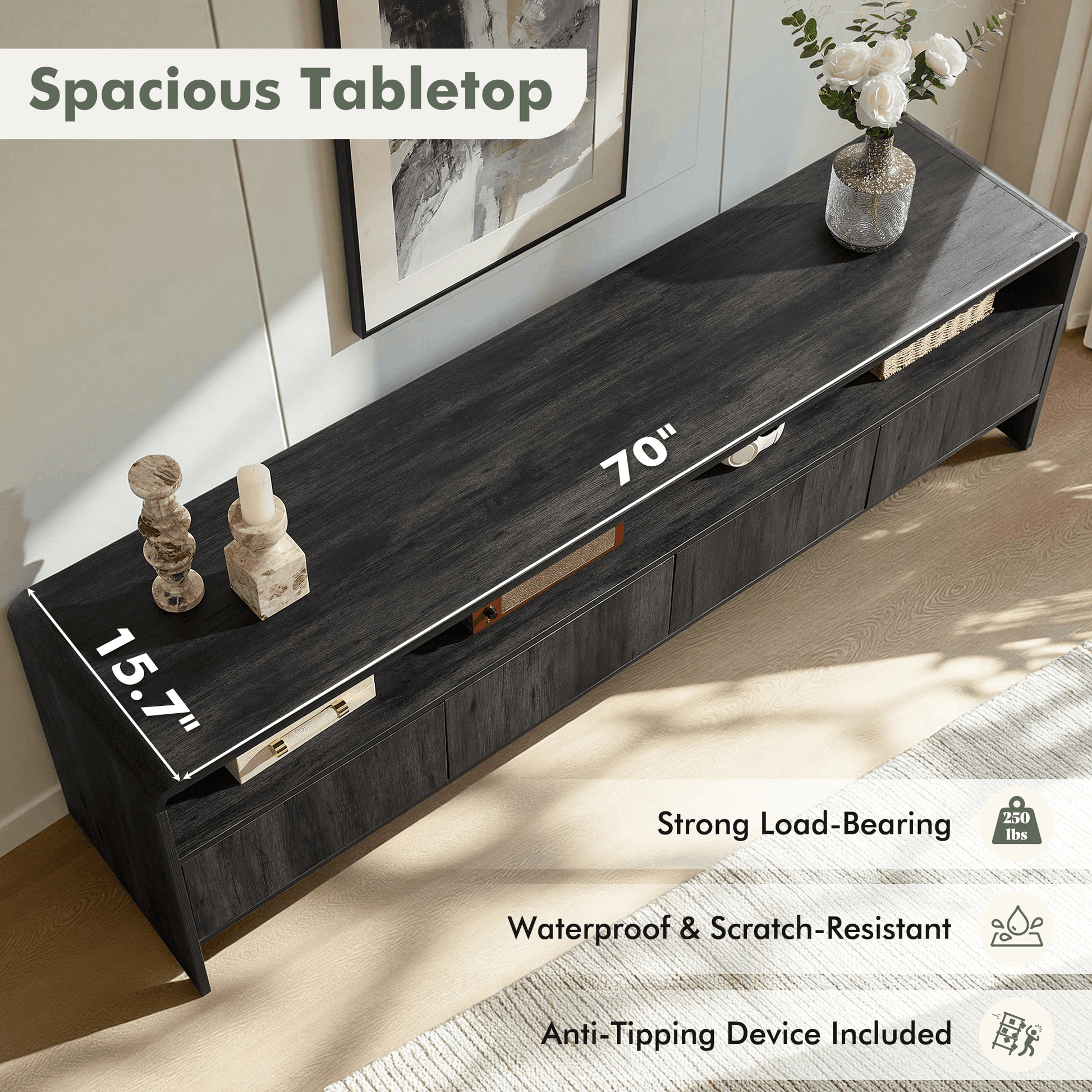 Flat Wood Curved TV Stand-BLACK