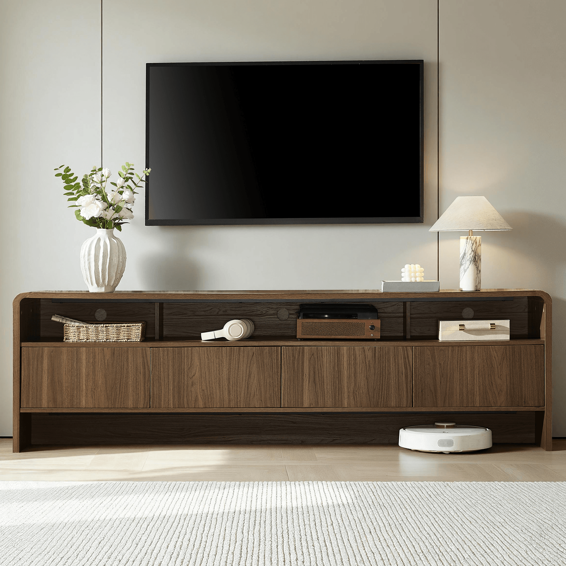 Flat Wood Curved TV Stand-BROWN