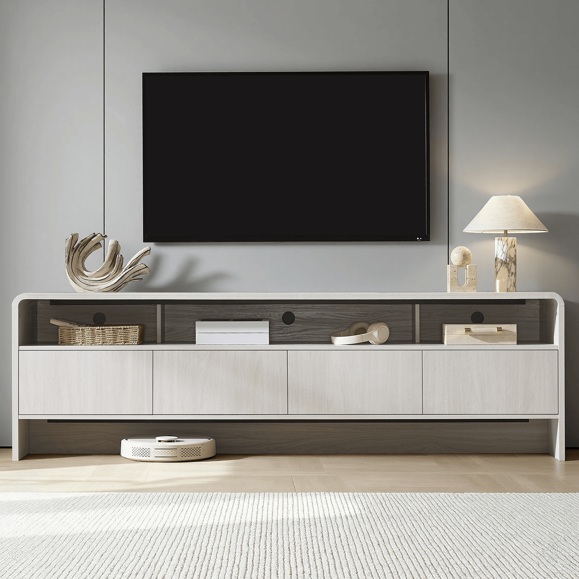 Flat Wood Curved TV Stand-WHITE