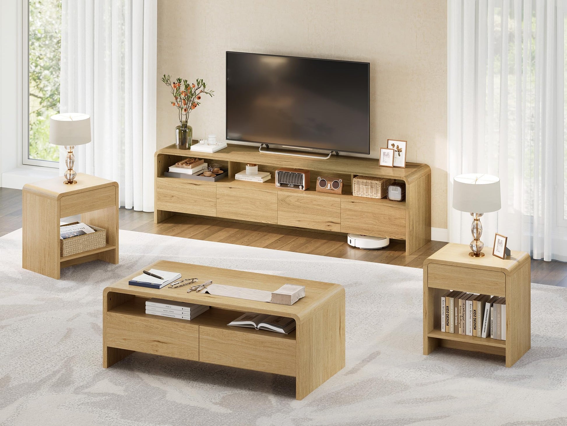 Flat Contemporary Living Room Furniture Set Amerlife Natural Oak