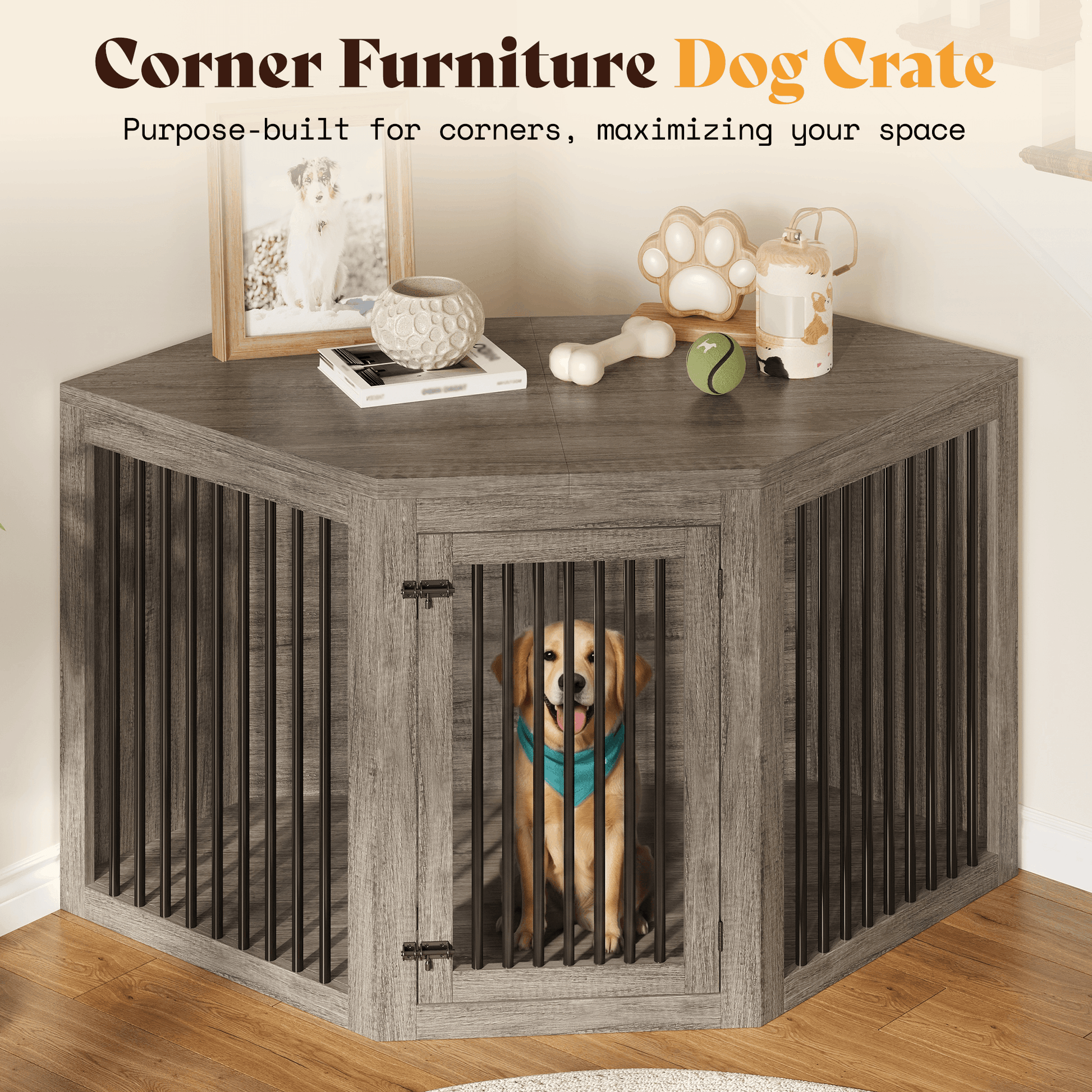 Quadro 3-in-1 Corner Dog Crate Amerlife Corner (53") / Rustic Gray