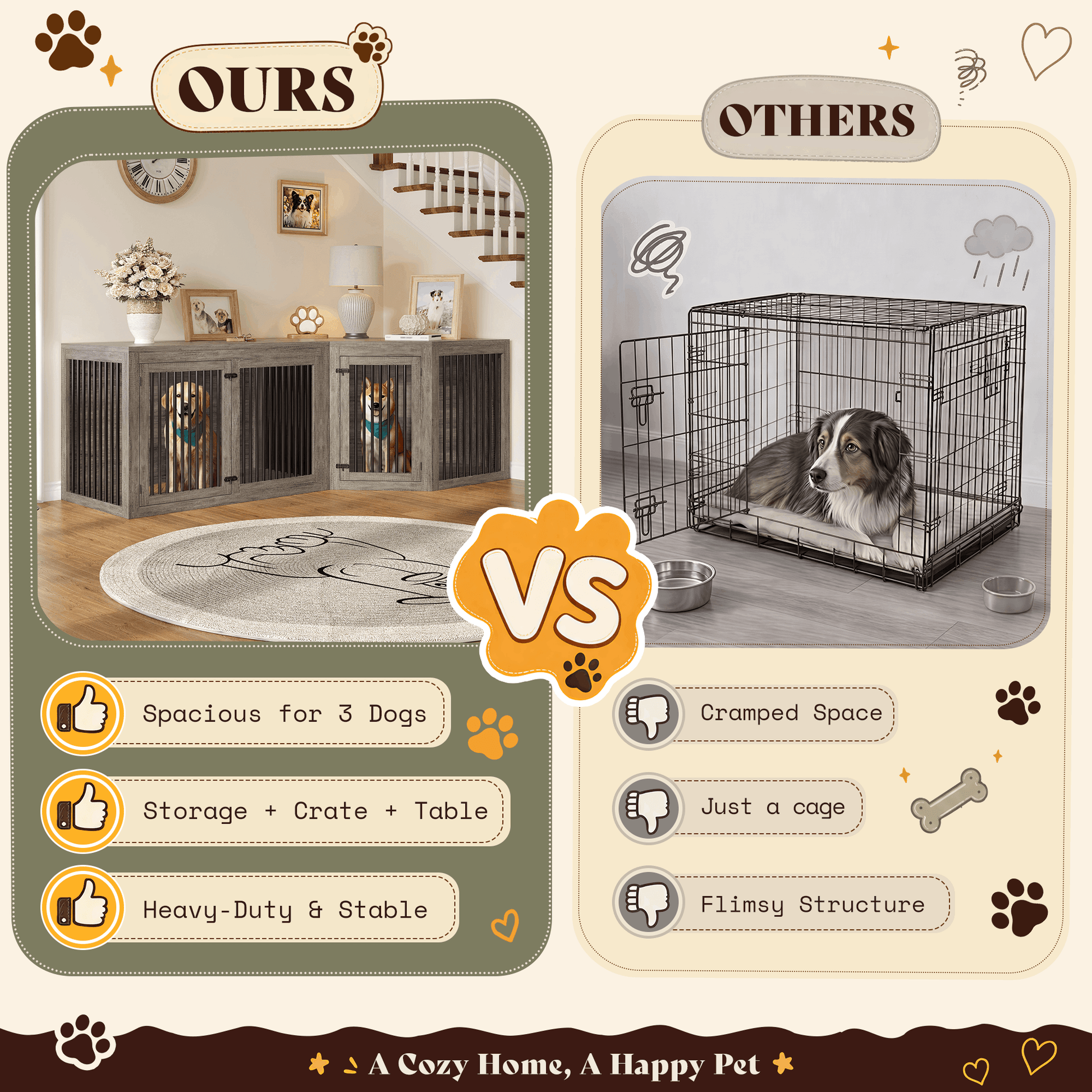 Quadro 3-in-1 Corner Dog Crate Amerlife Extra large (119") / Rustic Gray