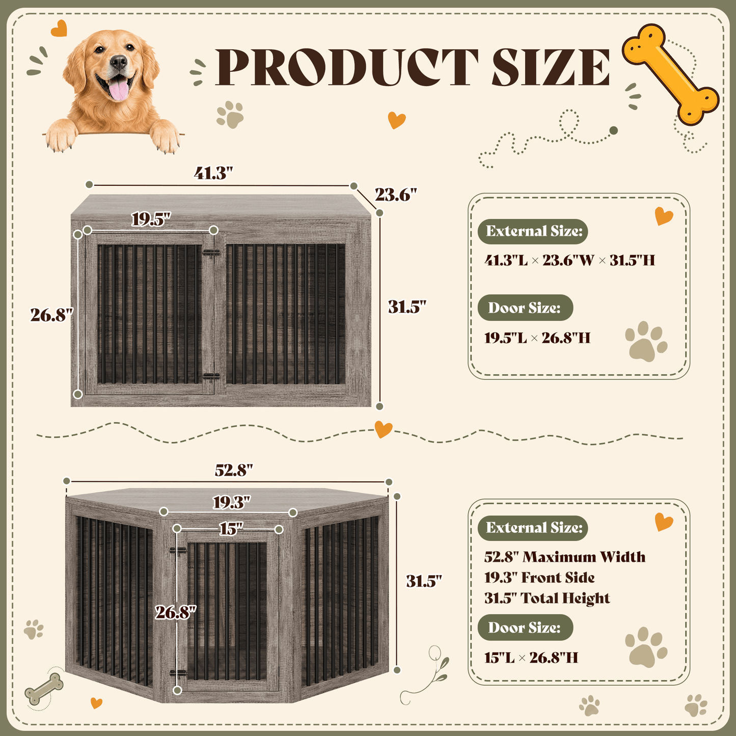 Quadro 3-in-1 Corner Dog Crate Amerlife Left (41") / Rustic Gray