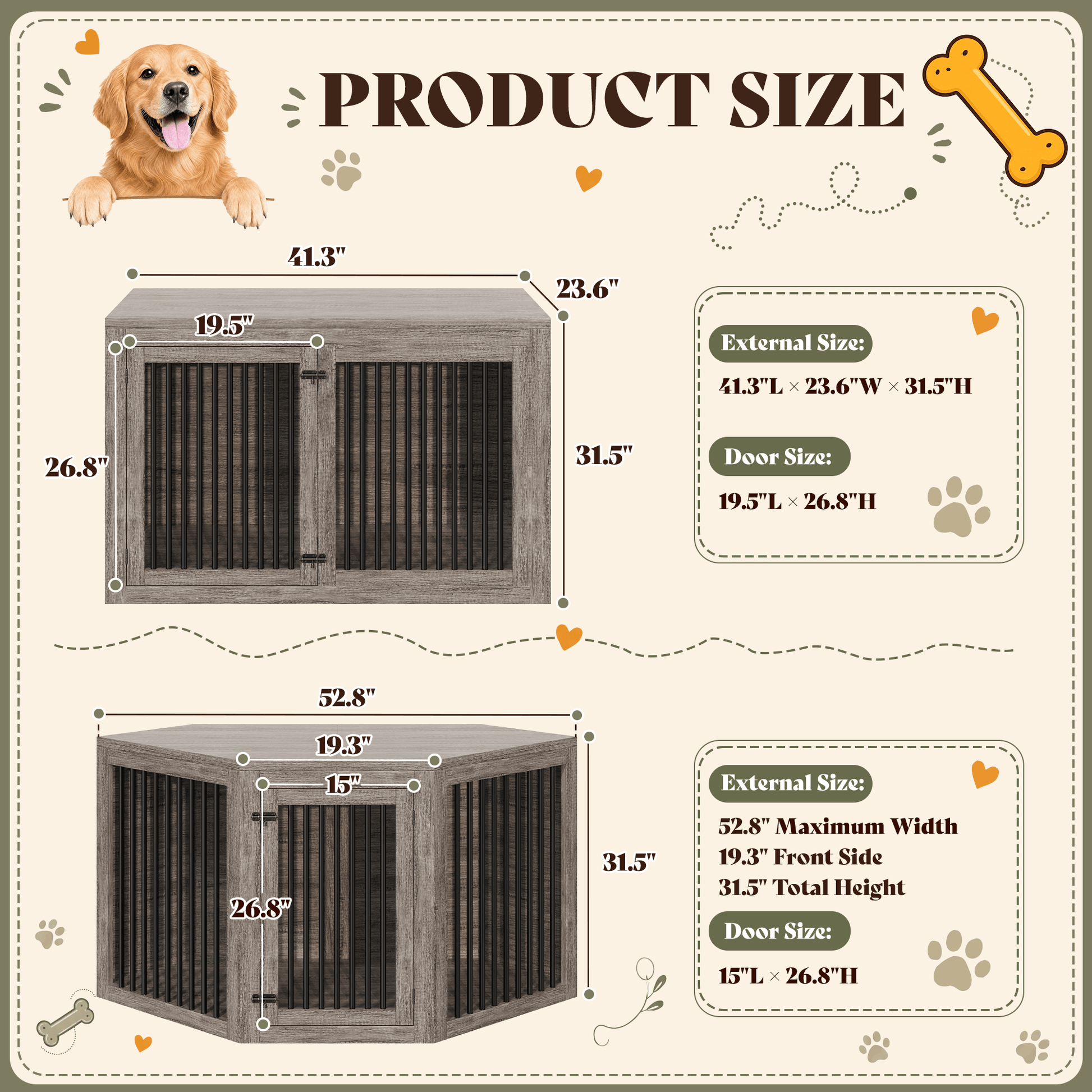 Quadro 3-in-1 Corner Dog Crate Amerlife Right (41") / Rustic Gray