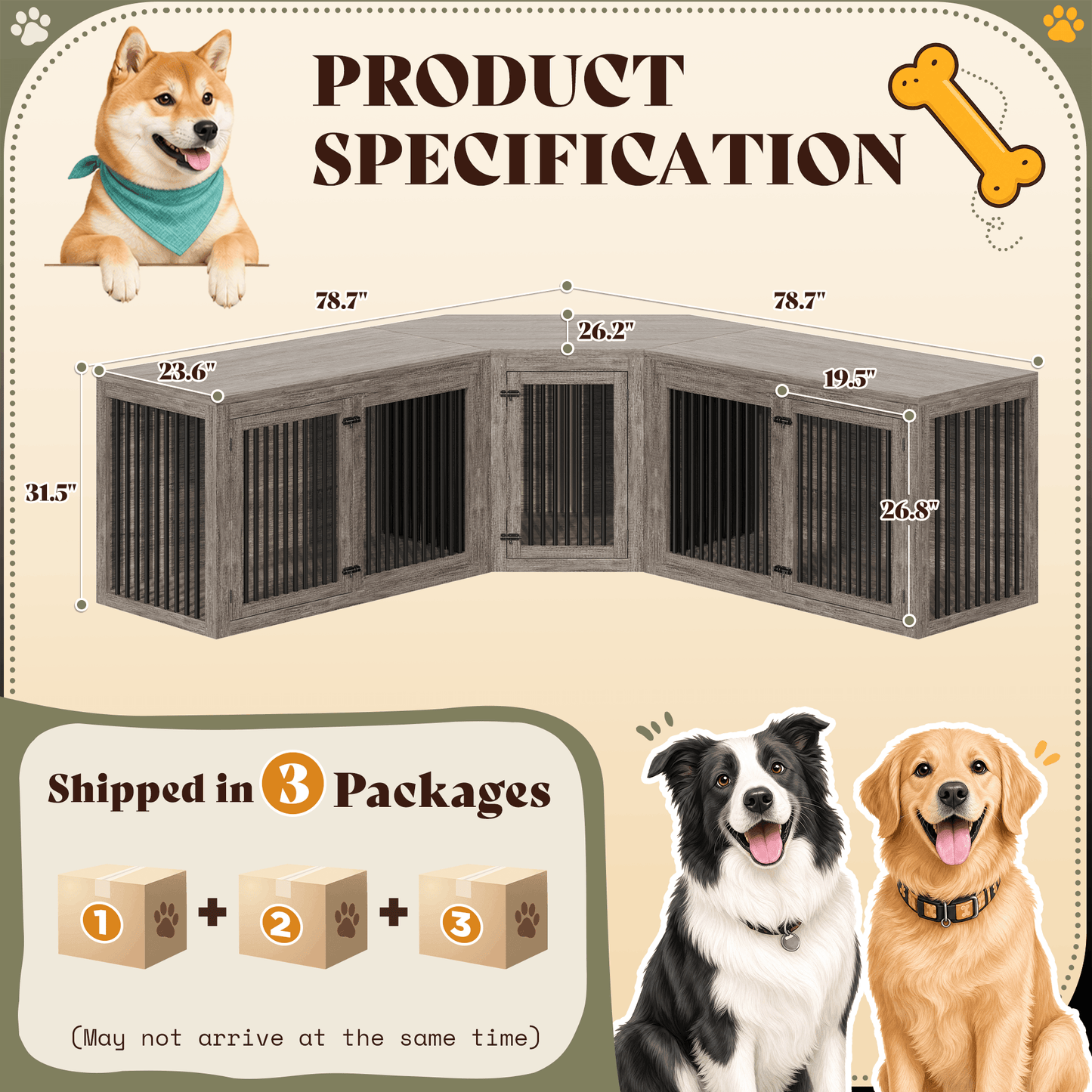 Quadro 3-in-1 Corner Dog Crate Amerlife Extra large (119") / Rustic Gray