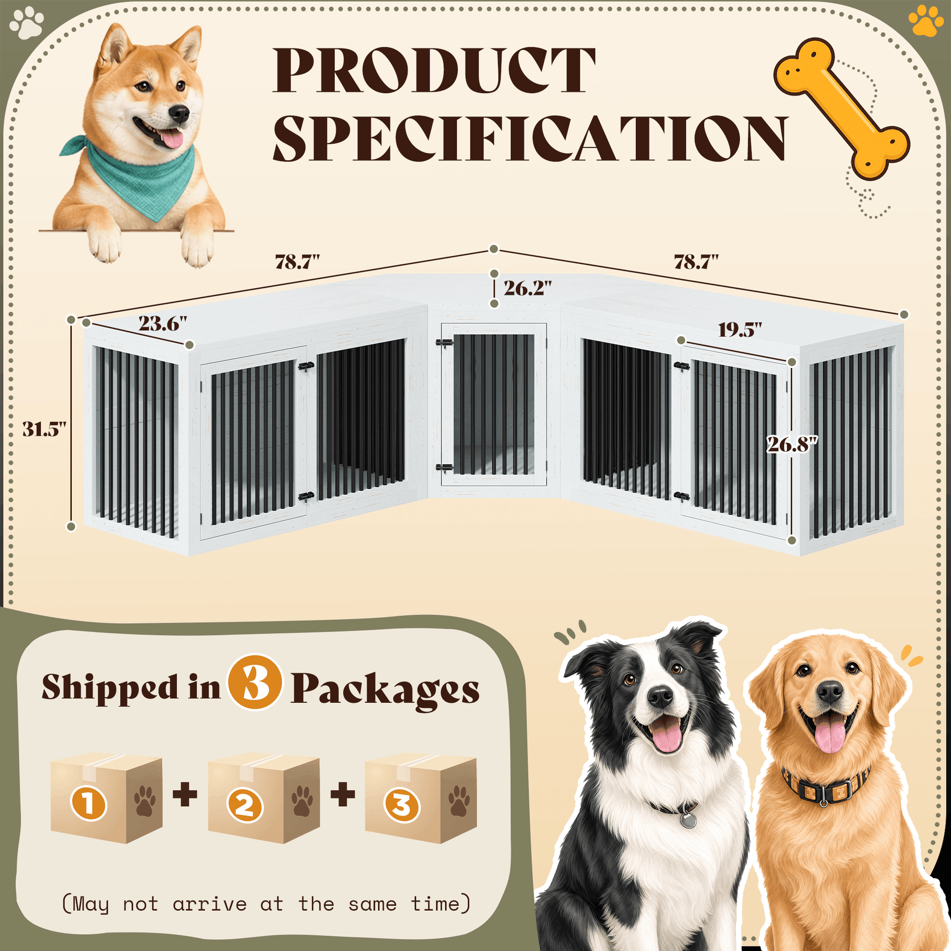 Quadro 3-in-1 Corner Dog Crate Amerlife Extra large (119") / White