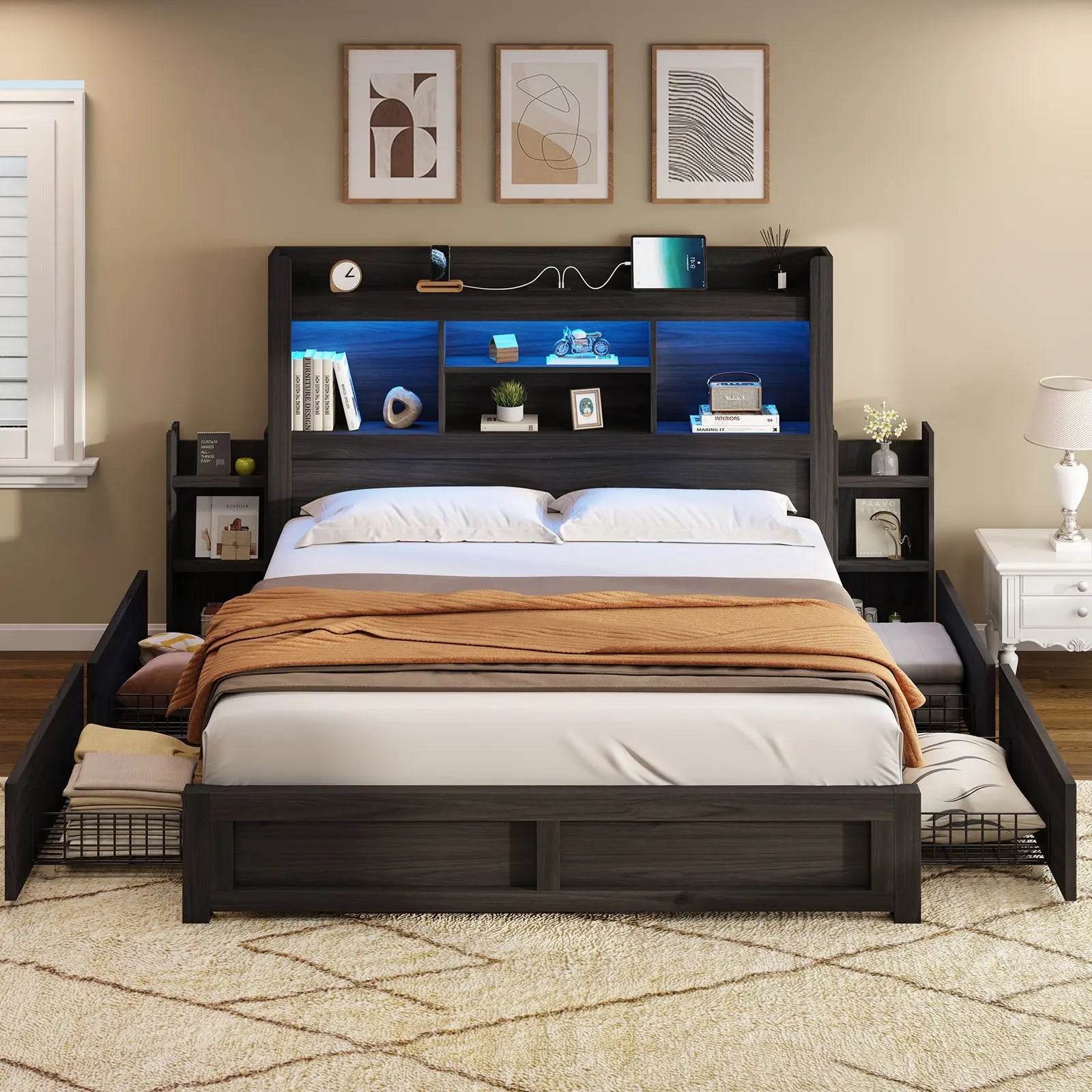 Queen platform bed with bookcase headboard online