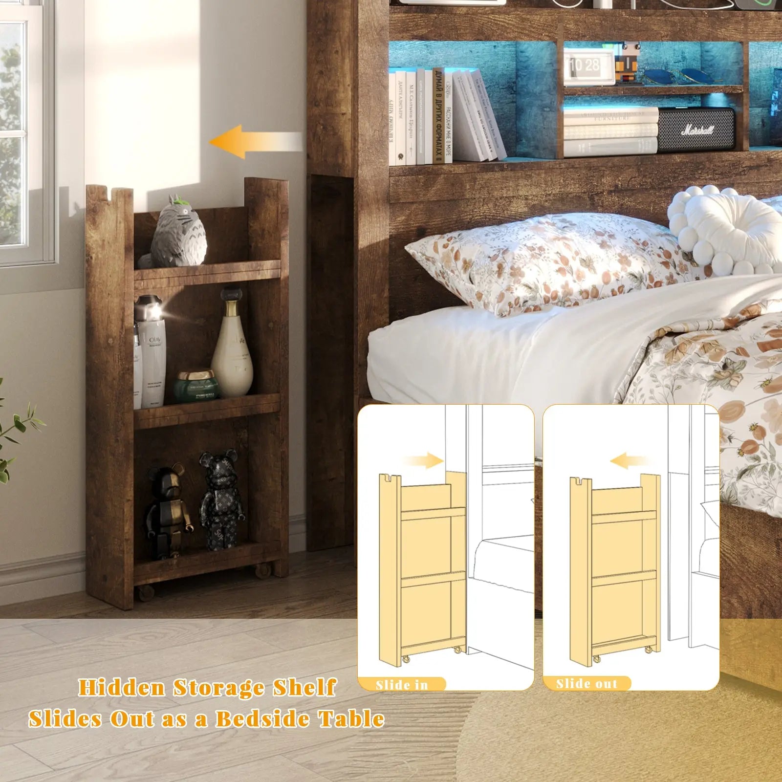 AMERLIFE Cael Storage Bed Frame 49.6 Tall Bookcase Headboard LED Farmhouse Bed Frame Queen Rustic Brown