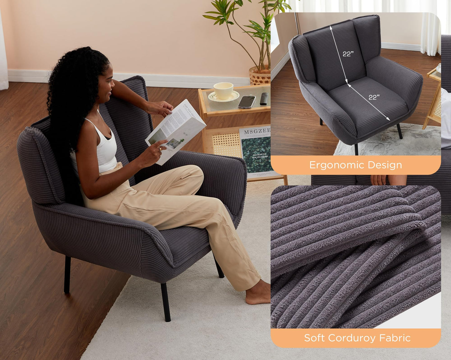 Accent Wingback Corduroy Chair of 4 - gray