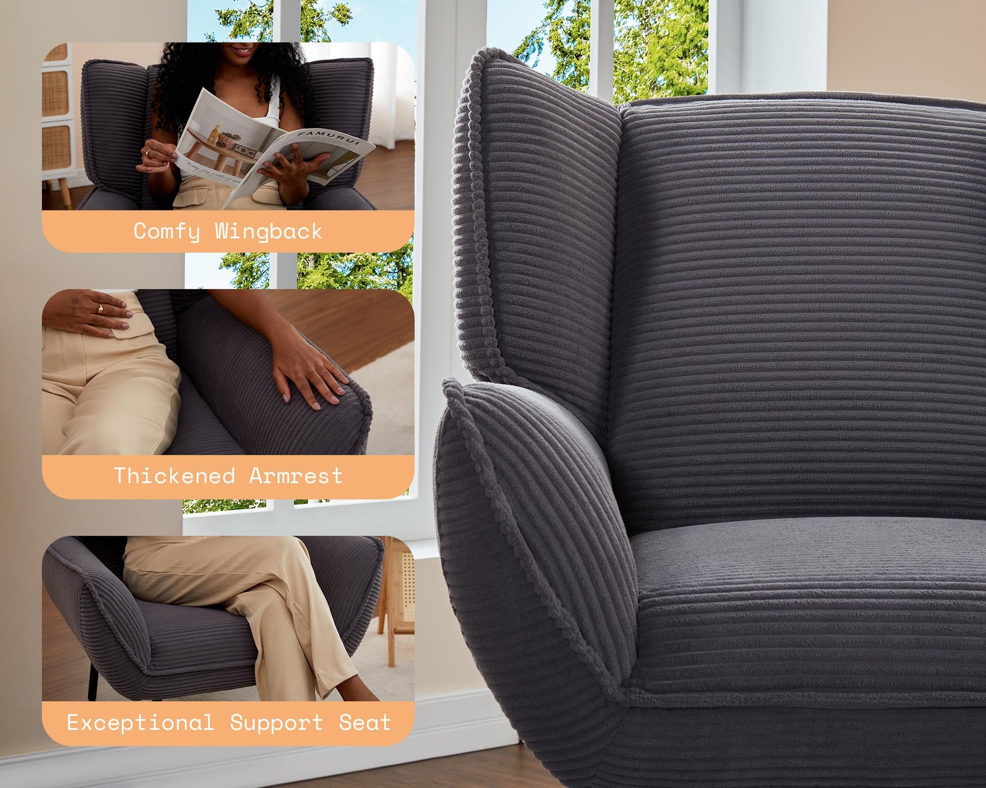 Accent Wingback Corduroy Chair of 4 - gray