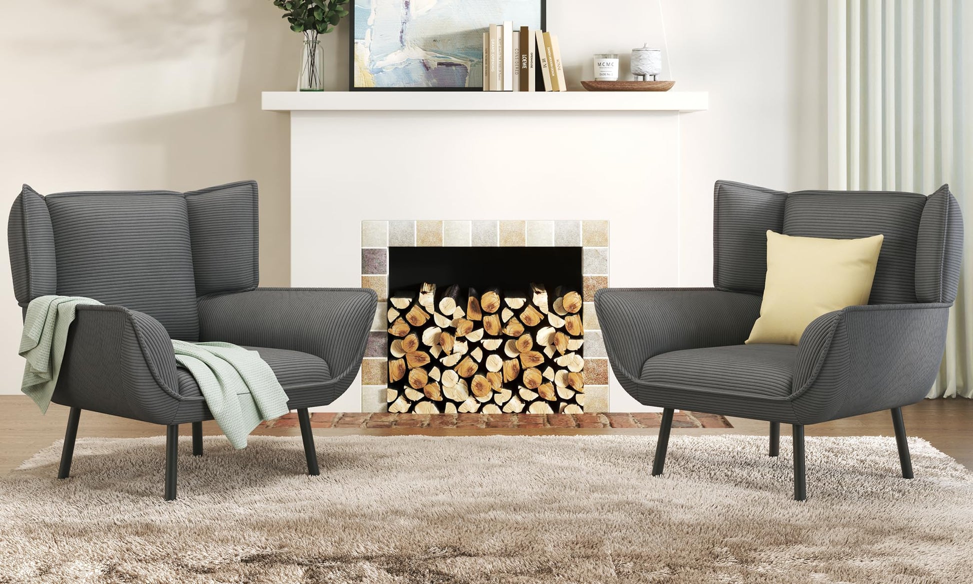 Wingback Corduroy Chair Set Amerlife-Grey